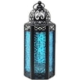 thumbnail image 1 of Farol de vela, linternas de vela, marroquíes, negro, metal, cristal azul, 1 of 5