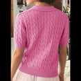 thumbnail image 4 of Suéter de Corta con Cable para Mujer, Top de Punto Liso con Cuello en V y Solapa, Camisa Informal Suave, Color Rosa, Talla L, 4 of 6
