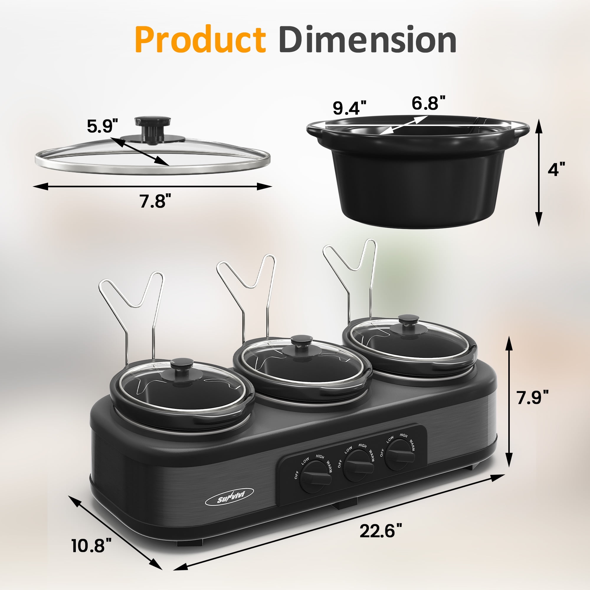 Sunvivi 3-in-1 Crock Pot Slow Cooker, 4.5QT Buffet Server and Food Warmer with 3 Removable Ceramic Pots, Crockpot with 3 Spoons and Lid Rests for Parties, Picnics, Grey