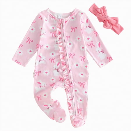 mgoYE Baby Girl Clothes 6-9 Months Baby Girl Clothes Ruffle Solid Footies Infant Knit Rompers Newborn Zip Up Jumpsuit Cute Girl All Seasons Outfits(Pink 0-3 Months)