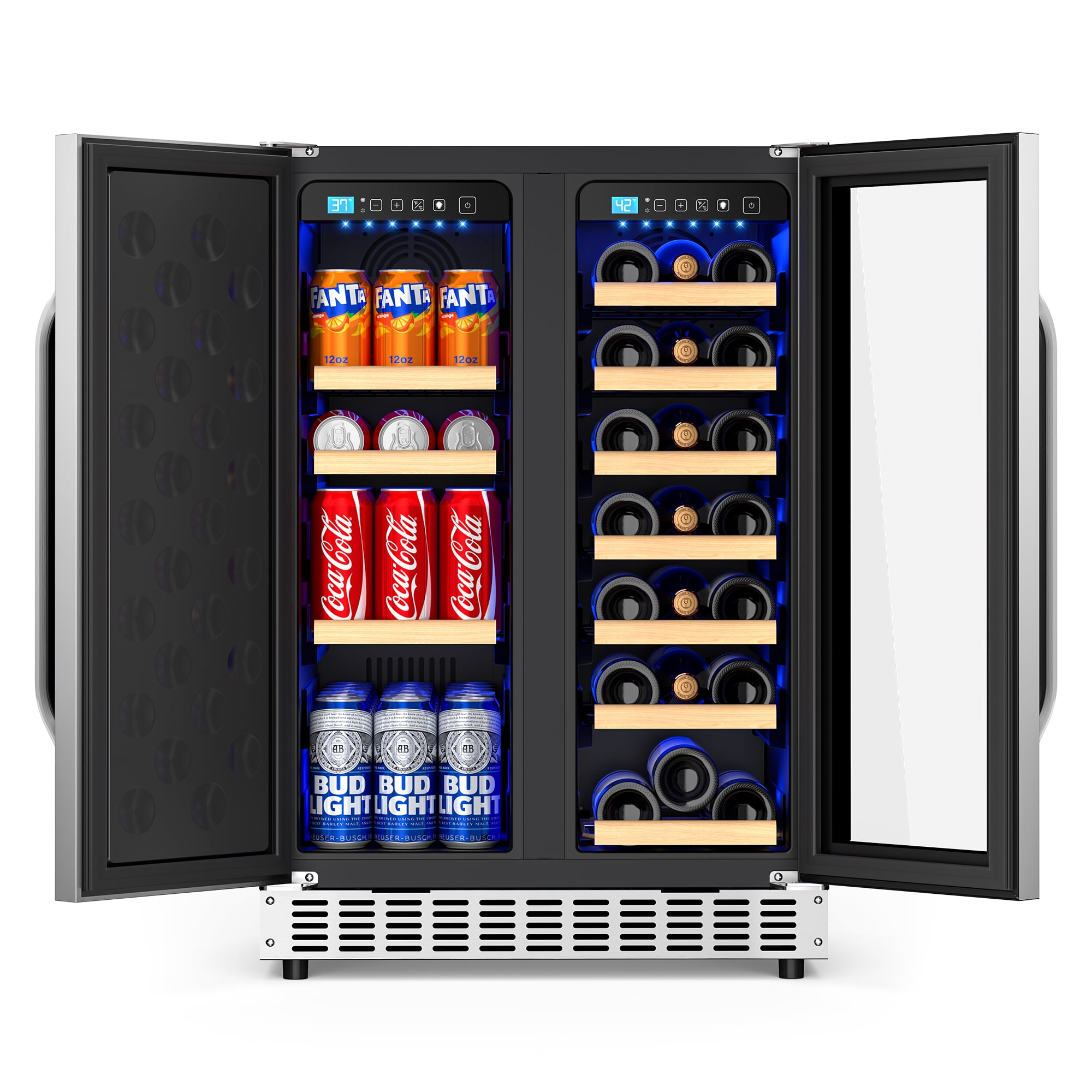 AVAHUM 24 Inch 21-Bottle & 88-Can Hybrid Door Dual Zone Wine and Beverage Refrigerator, Under Counter Built-In Cooler, Curved Handle