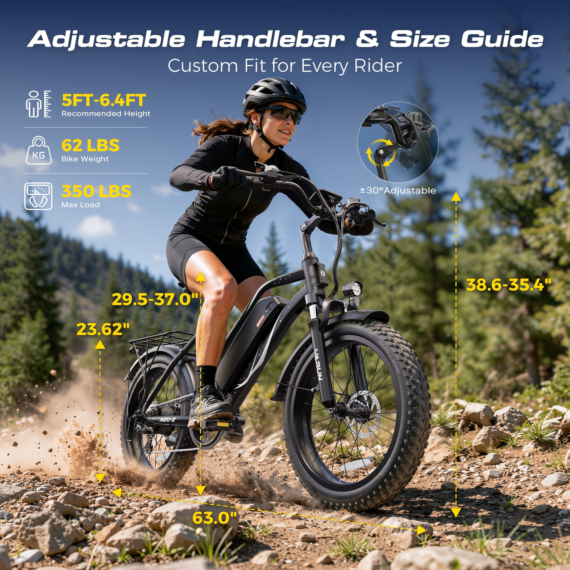 VARUN Electric Bike, 20" Fat Tire EBike for Adults with Peak 750W 48V 624Wh Removable Battery, Electric Mountain Bike for Men & Women with Top 20MPH 60Miles,7 Speed, Rear Rack, UL2849