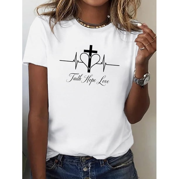 Camiseta con estampado de diseño "Fe, esperanza y amor", camiseta informal de manga corta con cuello redondo y ajuste cómodo para primavera y verano, camiseta de mujer para adultos, hombres, mujeres,