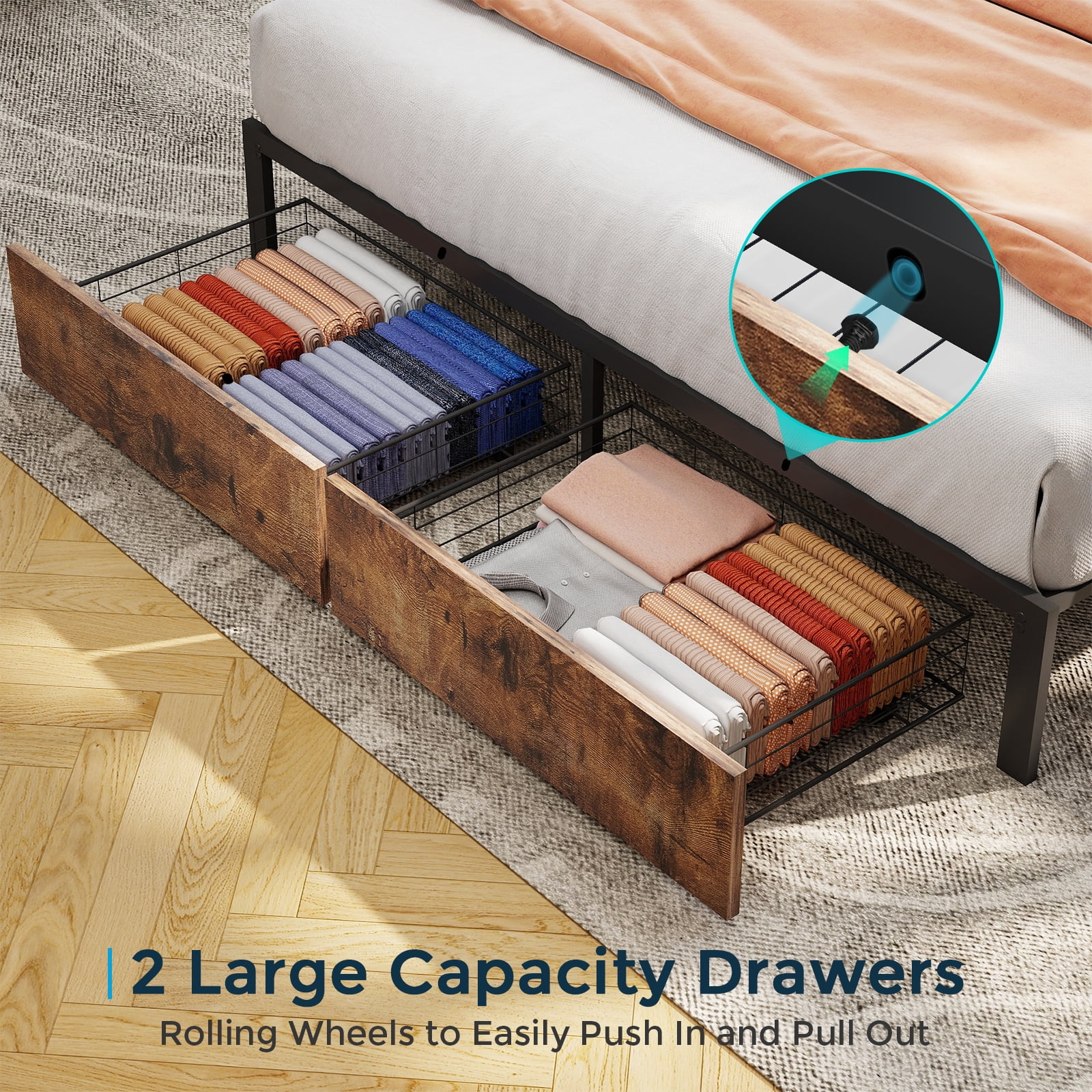 DRNANLIT Full Bed Frame with 2-Tier Storage Headboard, Metal Bed Frame with 2 Drawers & Built-in Charging Station & LED, Noise-Free, No Box Spring Needed, Easy Assembly,Brown