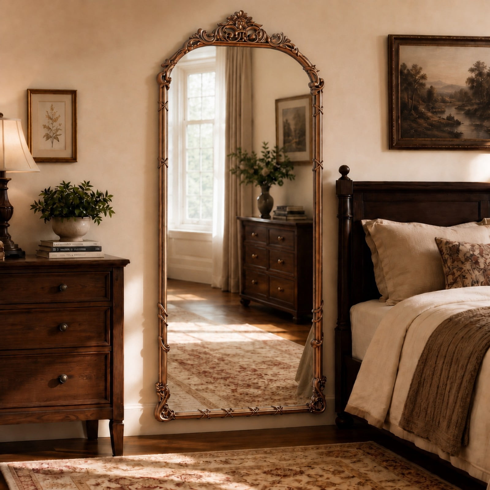 AUROMIR 71"x32" Arched Full Length Mirror Vintage Floor Mirror with Carved Patterns, Antique Bronze