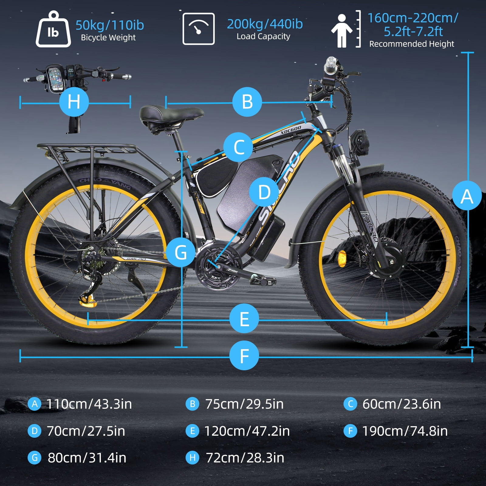 Electric Bike for Adults, 26x4.0 Fat Tire E-Mountain Bicycle, Peak 5000W Motor 52V-30Ah, Mountain Bike Beach Snow Ebike for Men, Yellow