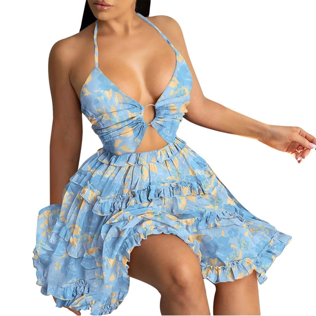 Ovzne Robes d'Été pour Femmes Robe Décontractée Imprimée Plissée Taille Élastique Sans Manches Col en V Robe de Vacances Imprimée Liquidation