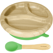 Abiie Octopod Bamboo Dish - Kids Plates for 4 months and up, 3-Compartment Baby Plates with Suction, Round Bamboo Baby Plate, Mess-Free Toddler Suction Plates, Baby Feeding Supplies (Green)