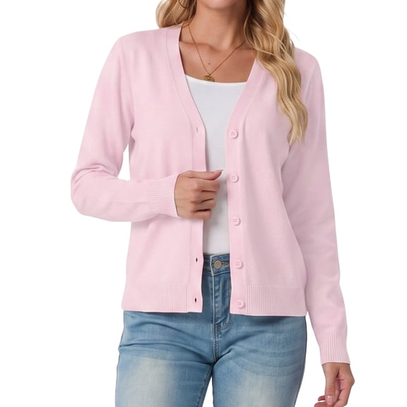 JWD Womens Cardigan Open Front Button Down Long Sleeve Knit Sweater Top Lightweight Casual Layering Cardigan Pink White L