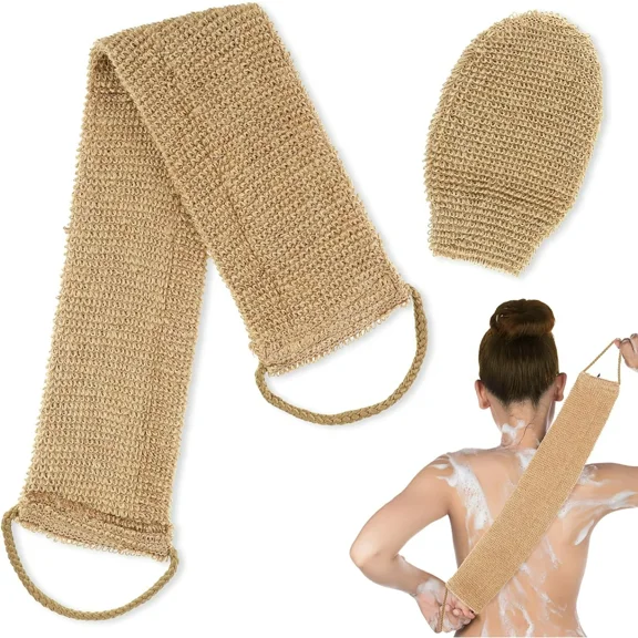 2pcs Exfoliating Body Scrubber Natural Hemp Back Scrubber Exfoliator Loofah Shower Bath Wash Deep Cleaning Glove and Strap Dead Skin Removal for Men Women