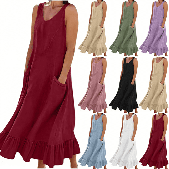 Summer Dresses for Women Casual V Neck Sleeveless Maxi Dress Loose A Line Flowy Beach Vacation Sundress with Pockets S-2XL