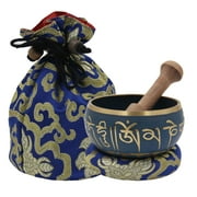 Tibetan OM MANI Singing Bowl Set ~ With Mallet, Brocade Cushion & Carry Bag ~ For Meditation, Chakra Healing, Prayer, Yoga (Blue)