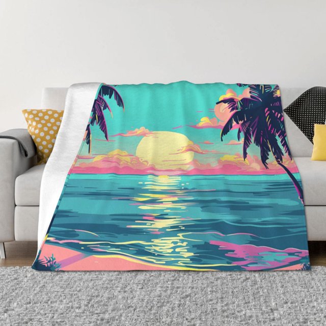 Fotbe Retro Palm Beach Sunset Manta de Franela con Estampado, Manta Ultrasuave para Cama, Sofá, Auto, Hipoalergénica y Antibolitas-40"x30"