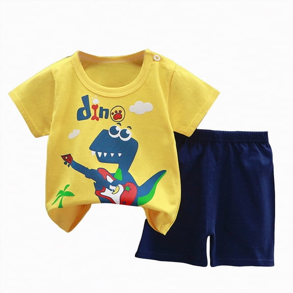 TAmten Toddler Boy Clothes 3T 4T Cartoon Cotton Summer Short Sleeve T-Shirt Tops Shorts Clothes Sets Cool Short Sets(Light Yellow,9-18 Months)