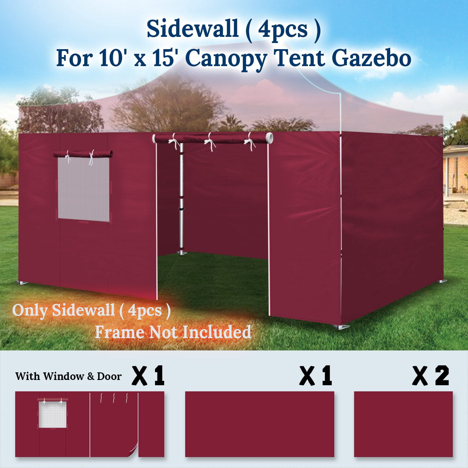 SOLAXO 14.8'x6.54' Canopy Sidewall ONLY for 10'x15' Pop Up Canopy Party Tent with Zipper Door, 4 Pack, Burgundy