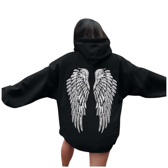 gcong Women Sequin Wing Hoodies Y2k Long Sleeve Casual Vintage Comfort Sweatshirts Rhinestone Angle Wing Pullover Hoodie