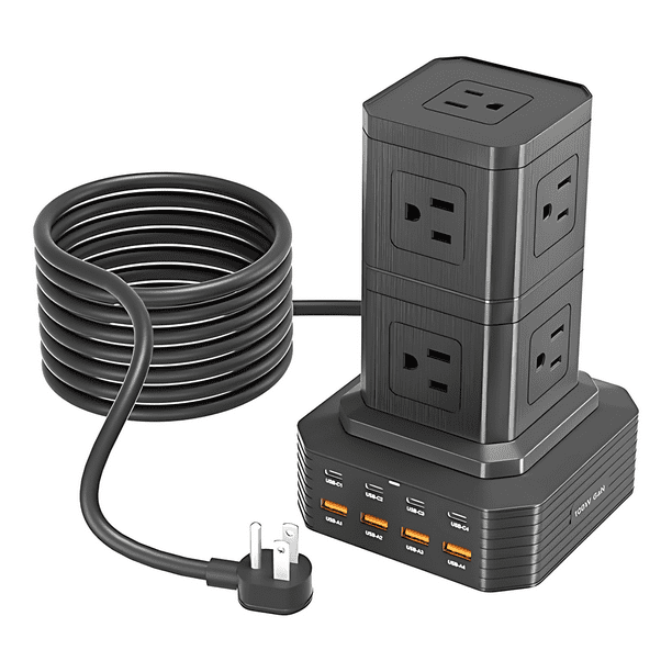 Regleta Vertical Torre de Enchufes con USB y USB-C, Estación de Carga Eléctrica Multipuerto con Protección, Cable de Extensión, Ideal para Oficina, Hogar y Electrónicos