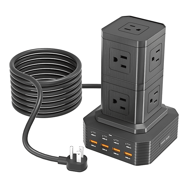 Regleta Vertical Torre de Enchufes con USB y USB-C, Estación de Carga Eléctrica Multipuerto con Protección, Cable de Extensión, Ideal para Oficina, Hogar y Electrónicos