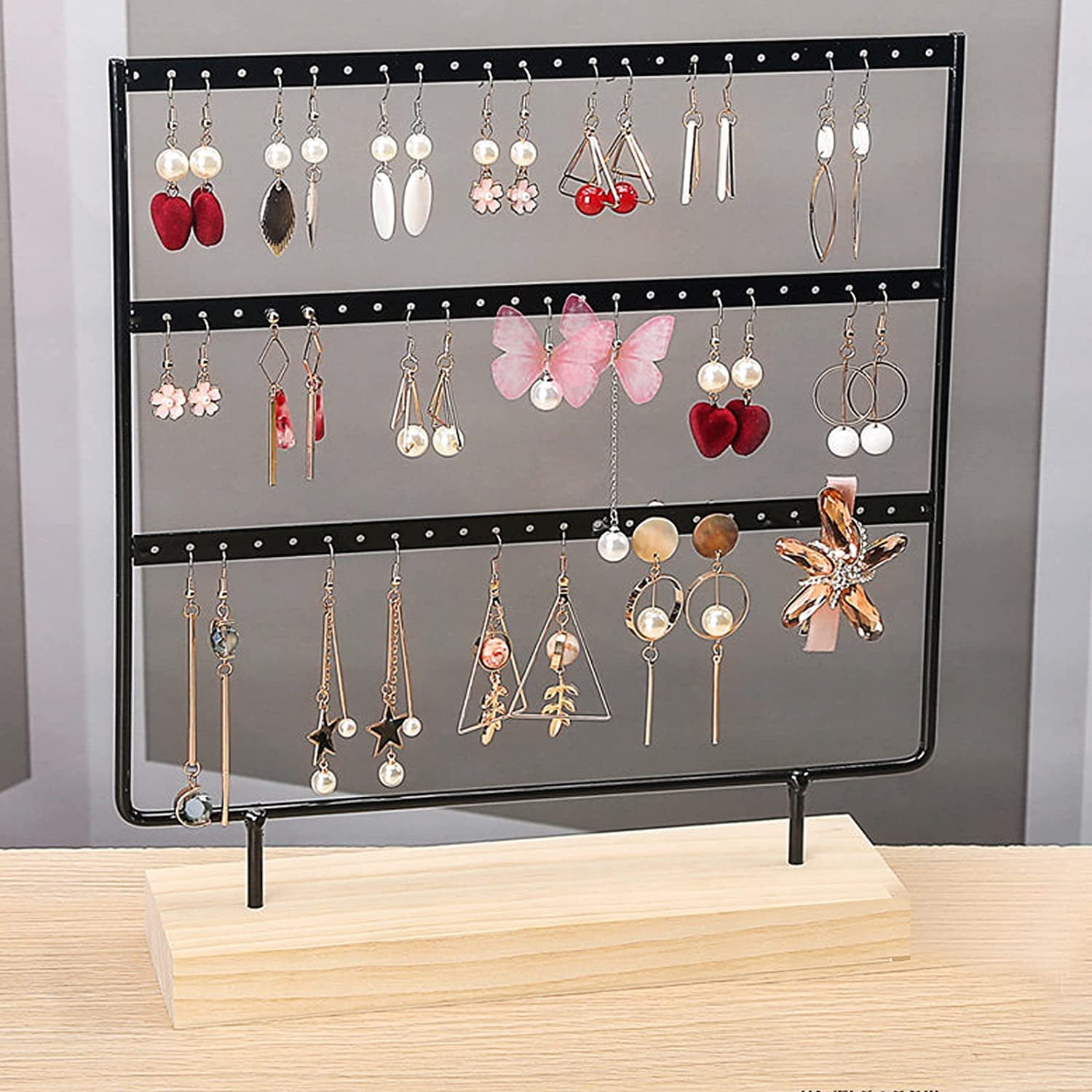 Wooden and Metal Earring Display Stand Vintage Jewelry Organizer Black Earring Stand with Wooden Base 69 Holes and 3 Layers Walmart