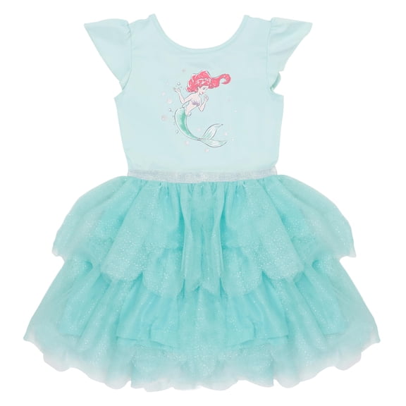 Disney Girls Princess Tutu Dress - Ruffle Short Sleeve Party Outfit for Toddlers & Kids - Fairy Tale Dress-Up (Little Mermaid Ariel Aqua Green, 2T)