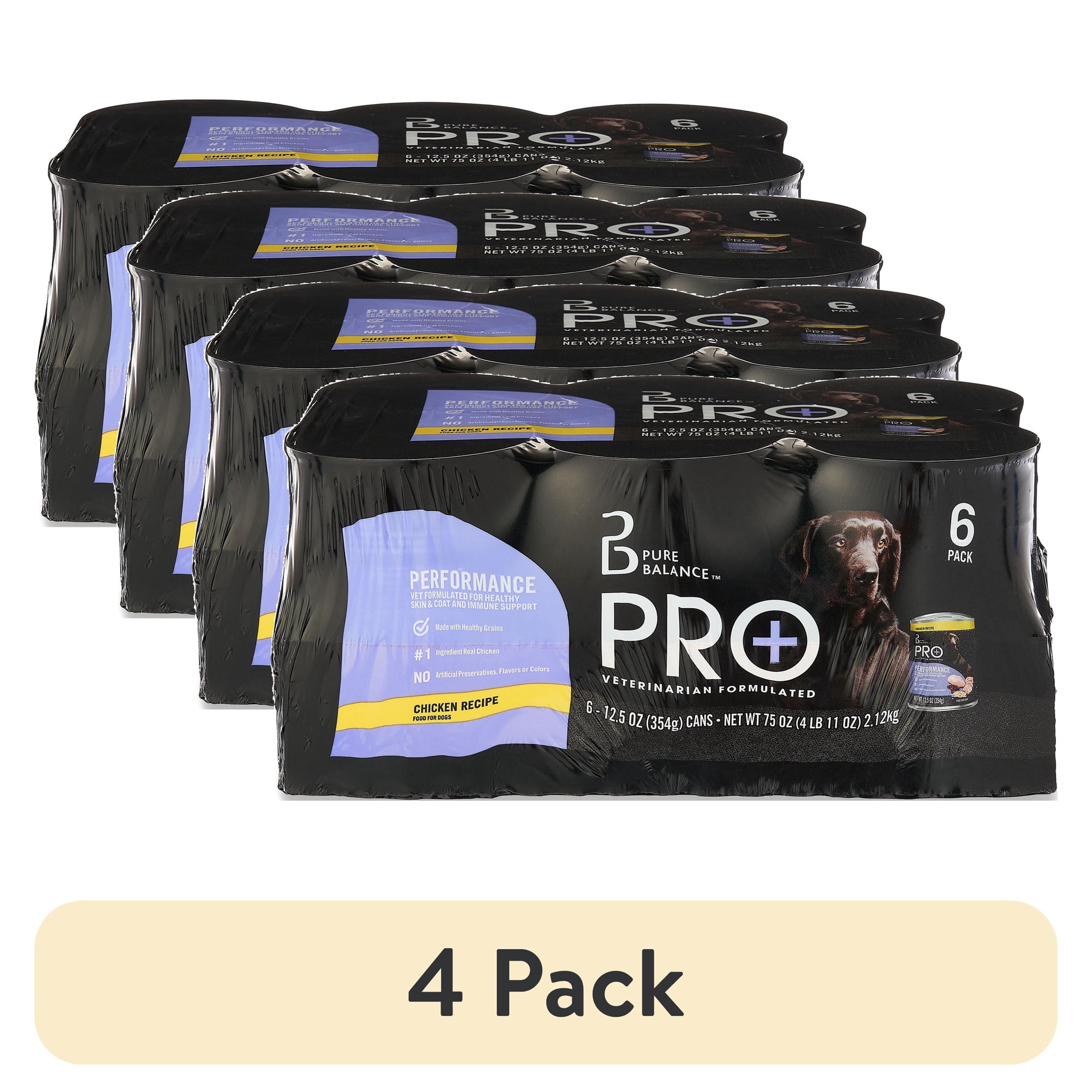 (4 pack) Pure Balance Pro+ Chicken Recipe Wet Dog Food for Performance, 12.5 oz Cans, 6 Pack