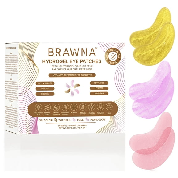 BRAWNA Hydrogel Under Eye Mask Patch Gift Set with Hyaluronic Acid, Collagen, Retinol, Caffeine, Peptide, Kojic Acid, Arbutin - For Dark Circles, Puffy Eyes, Undereye Bags, Wrinkles- 24 Pairs
