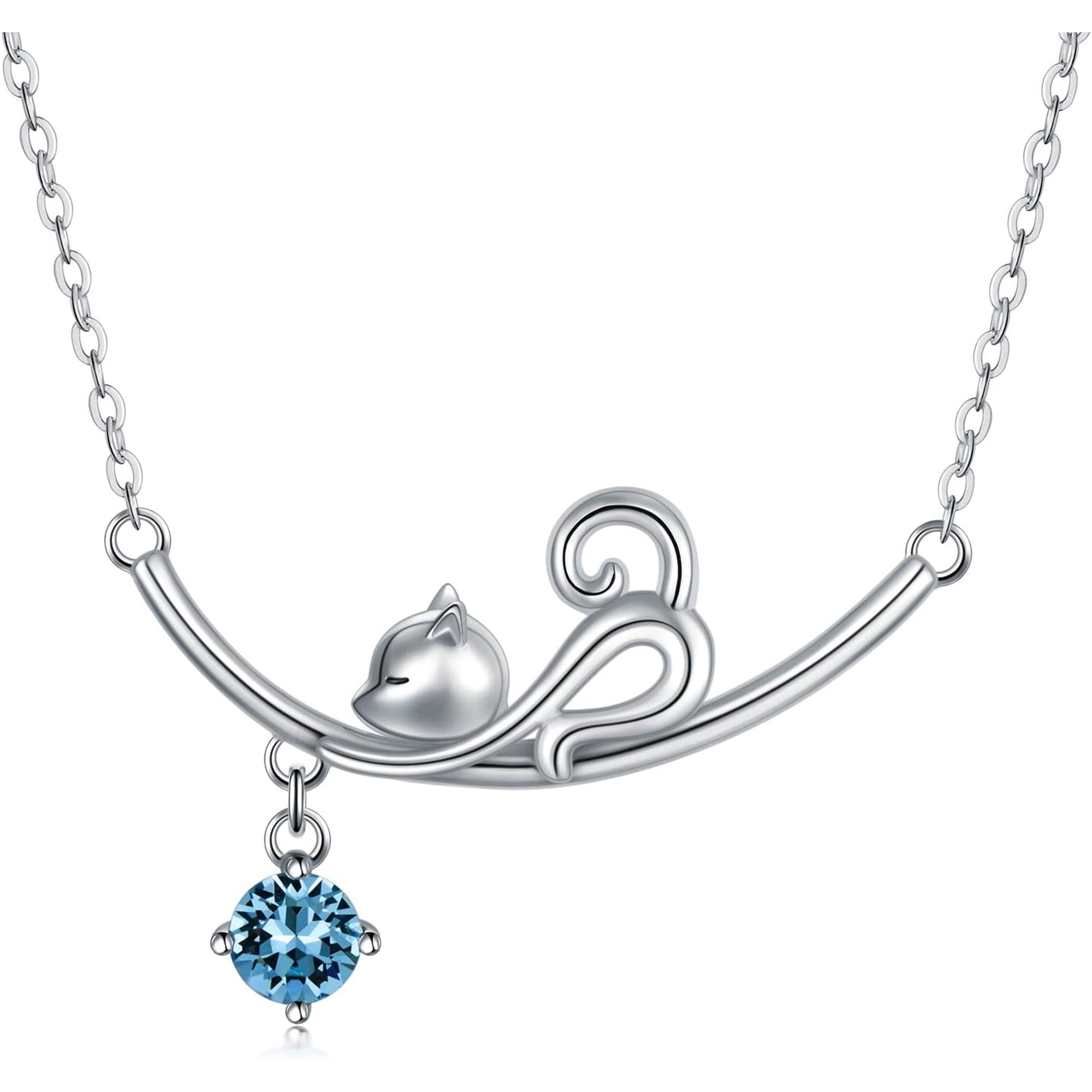 SISGEM 925 Sterling Silver Lovely Cat Kitten Pendant Necklace with 12 Months Birthstone Crystal from Austria, Christmas Birthday Jewelry Gifts for Cat Lover