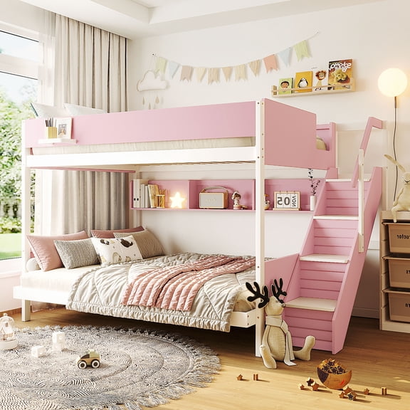 Harper & Bright Designs Twin over Full Bunk Bed with Striped-Design Staircase, Wooden Bunk Bed Frame with Side Shelf and Open Bookshelf for Apartment Dormitory Bedroom, Pink