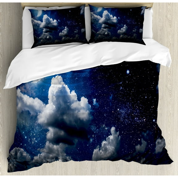 Clouds Duvet Cover Set, Celestial Solar Night Scene Stars Moon and Clouds Heaven Place in Cosmos Theme, Decorative 3 Piece Bedding Set with 2 Pillow Shams, Calking Size, Dark Blue White, by Ambesonne