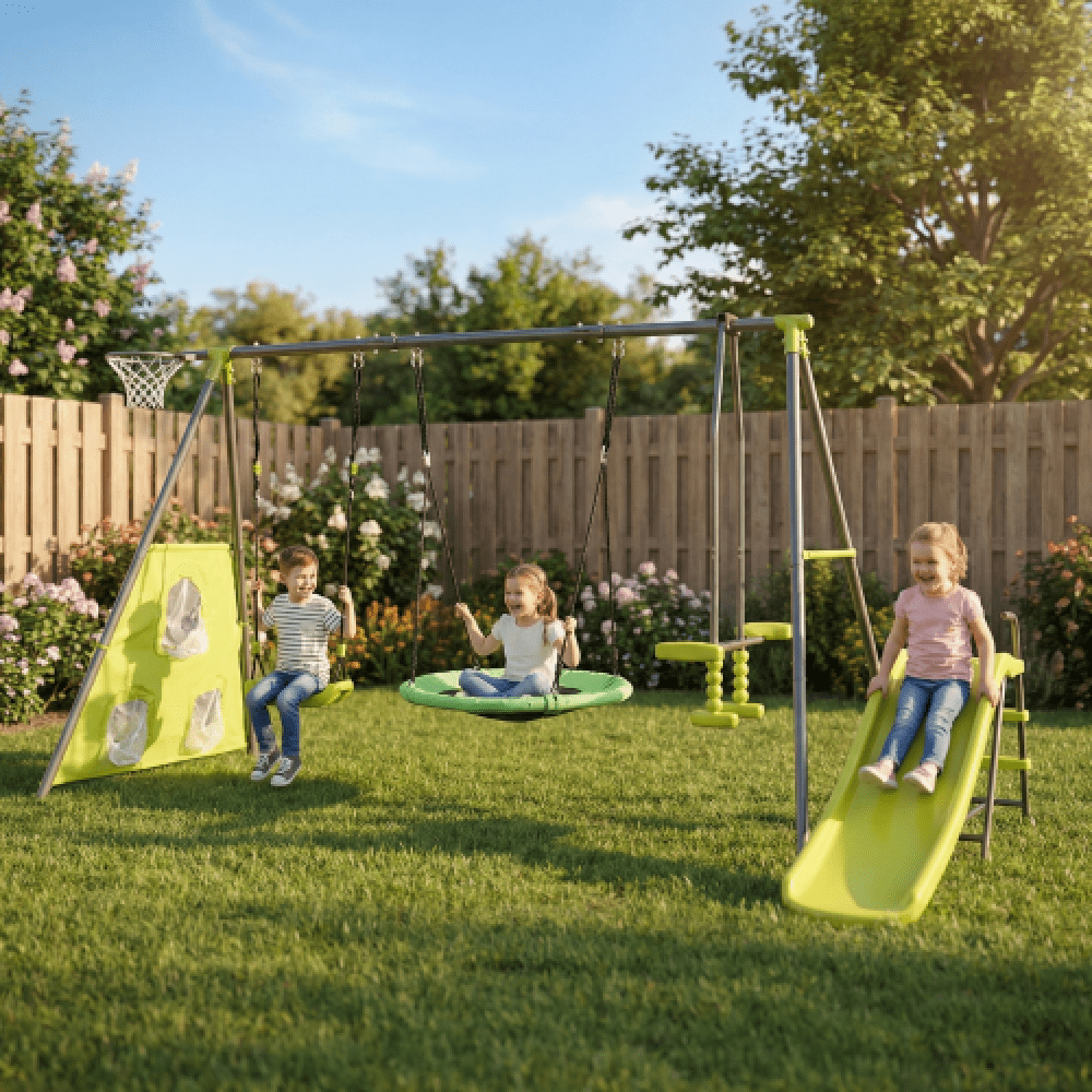 6 in 1 Kids Swing Set Outdoor Playset with Net Swing Slide Saucer Swing basketball hoop and soccer net for Backyard Playground Metal Frame 440 lbs Capacity
