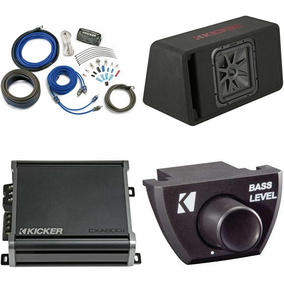 Kicker 45VL7R122 Single 12" L7R Loaded Vented Enclosure - 600 Watts RMS - w/ CXA800.1 Amp, Wiring Kit & Bass Knob Bundle