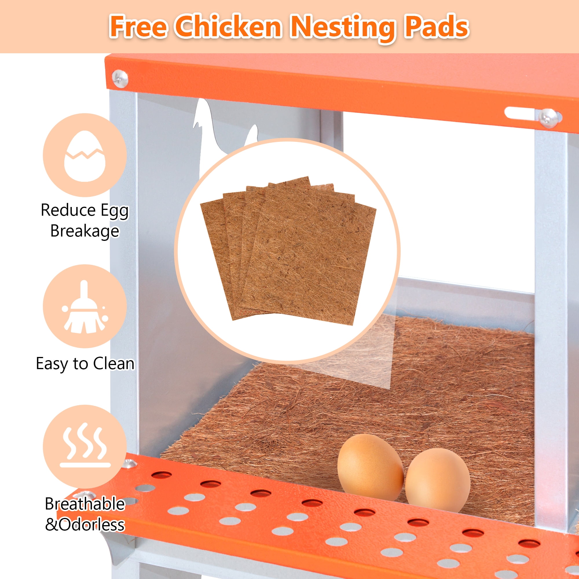 4-Bay Wall Mount Metal Nest Box for Hens Ducks, Orange Galvanized Steel Poultry Coop Equipment with Vented Design & Coconut Fiber Pad, Easy Egg Collection & Assembly