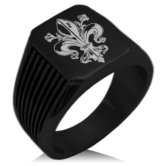 Stainless Steel Antiue Fleur De Lis Needle Stripe Pattern Biker Style Polished Ring