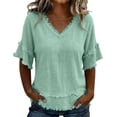 thumbnail image 3 of Womens Cotton Linen Tops,short Sleeve V Neck Relaxed Fit Clothes Summer Basic Blouse 2026 Summer Spring Casual Shirt Loose V Neck Blouse Fashion Clothing Outfits,Green,S, 3 of 9
