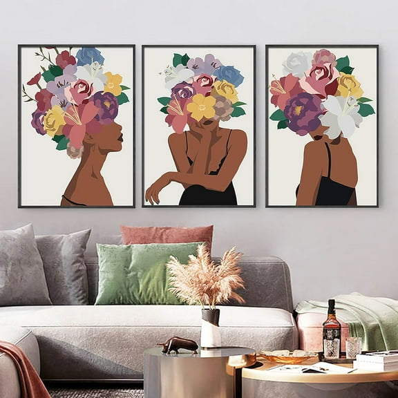 African American Wall Art Set of 3 Flower Black Women Head Wall Prints Fashion Black Skin Girl Canvas Painting Pictures Un Modern Decorative Artwork Posters for Bedroom