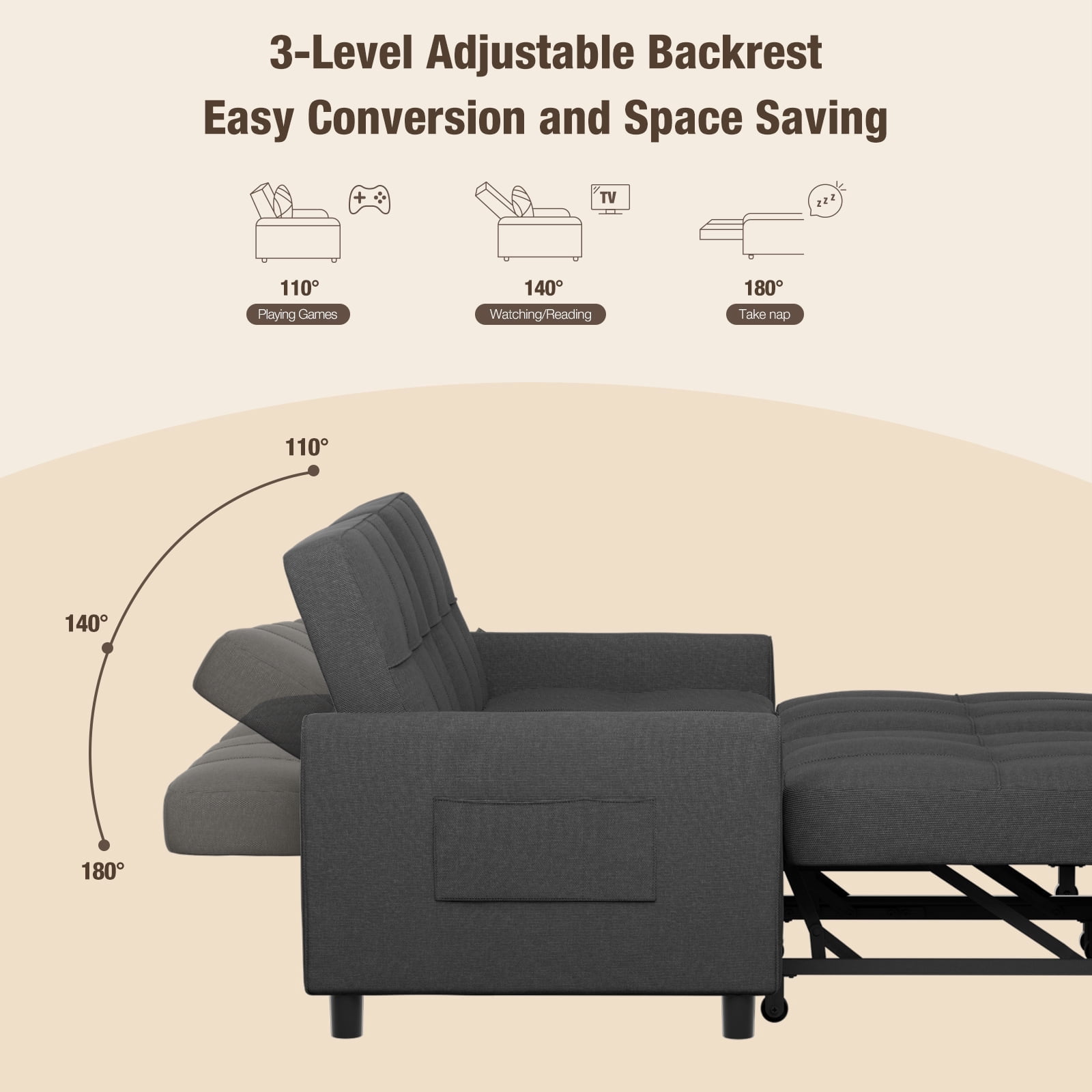 Lofka Sofa Bed, Convertible Sleeper Sofa Couch for Home Furniture and Small Space, Gray