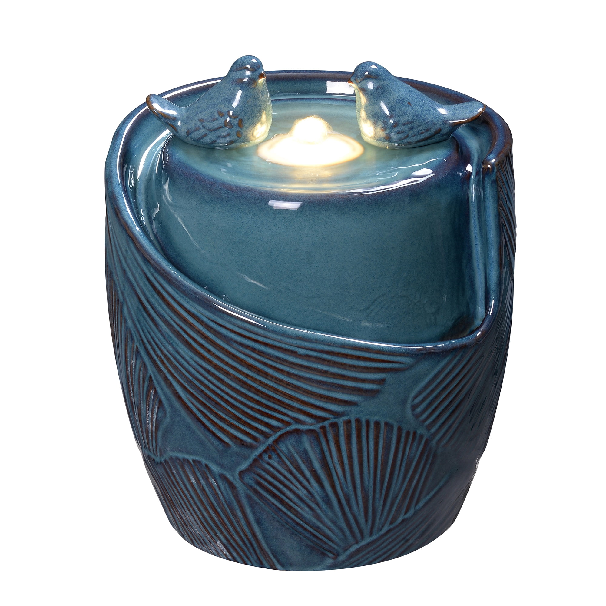 Blue Ceramic Tabletop Double Bird Bubbler Fountain, Decorative Water Fountain with LED Lights and Quiet Pump, Indoor Outdoor Water Feature for Patio, Garden, Deck, Balcony, Office and Home Décor