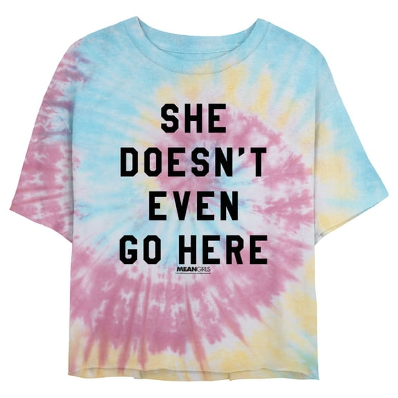 Juniors' Mean Girls She Doesn't Even Go Here Varsity Graphic Cropped T-Shirt Blue/Pink/Light Yellow 2X Large