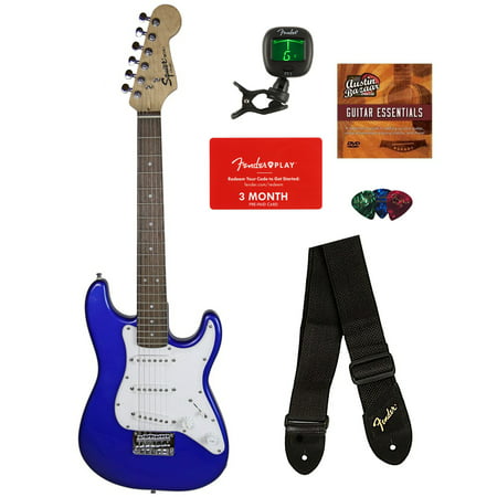 Squier by Fender Mini Strat Electric Guitar - Imperial Blue Bundle with Tuner, Strap, Picks, Fender Play Online Lessons, Austin Bazaar Instructional DVD, and Polishing