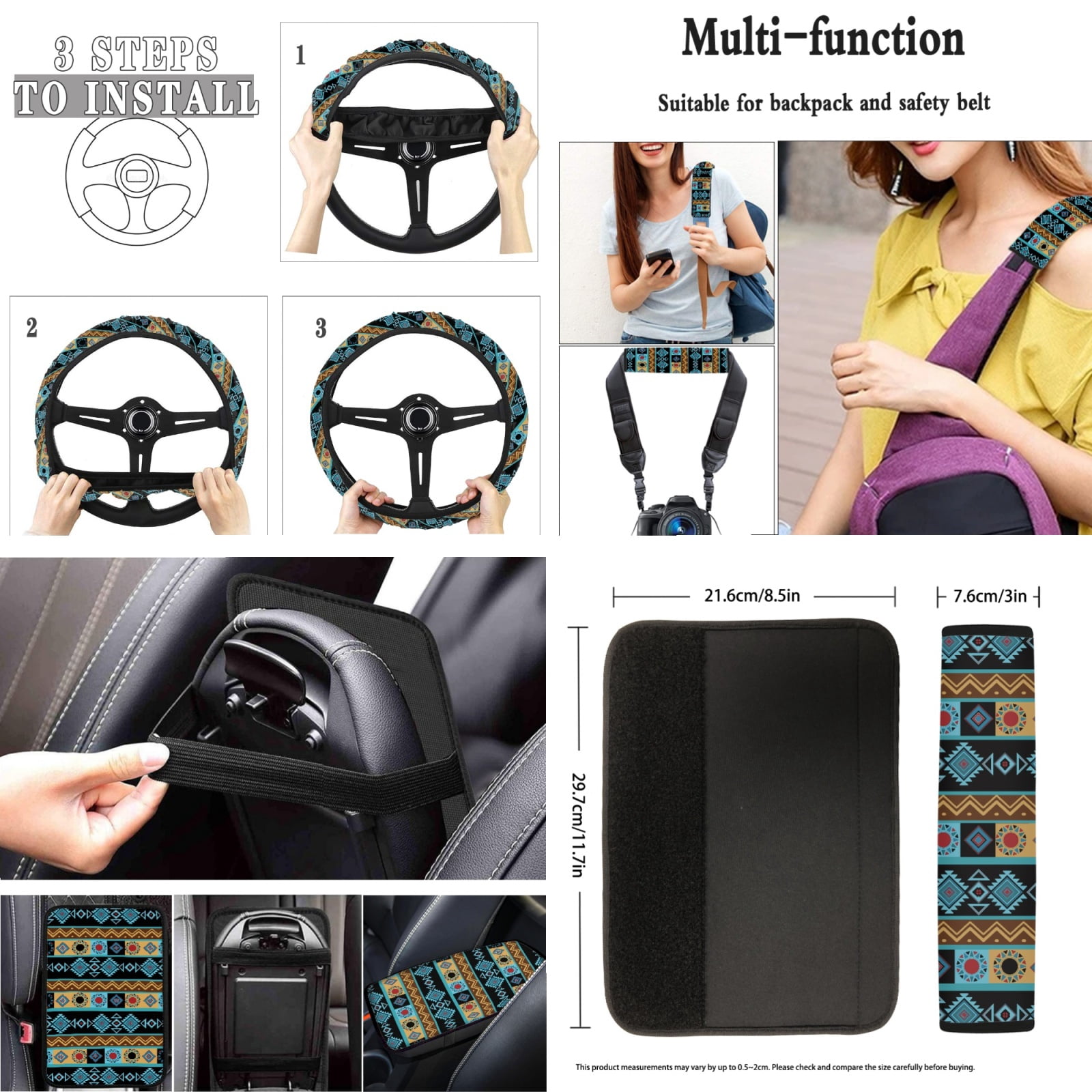 Jeiento Southwest Aztec Car Seat Cover Full Set Car Floor Mats Steering Wheel Cover Seatbelt Pad Armrest Cover Cup Coaster Keychains Lipstick Holder Tribal Ethnic Style Auto Accessories Set 17pcs