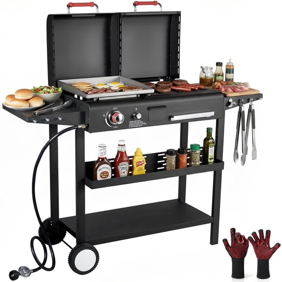 SIXDAY Charcoal and Propane Grill Combo , 12000 BTU Outdoor BBQ Grill with 2 Side Shelves for Backyard Cooking