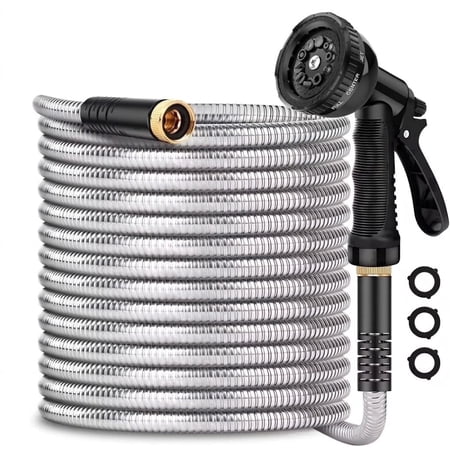 50FT Stainless Steel Garden Hose with 10-Pattern Spray Nozzle, Flexible Lightweight Water Hose for Yard & Lawn