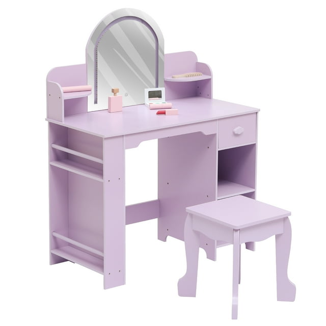 Yiwa Children’s Princess Vanity Desk, Lighted Mirror Makeup Table with Bookshelf Storage, Drawer, Open Shelves & Stool for Bedroom/Playroom