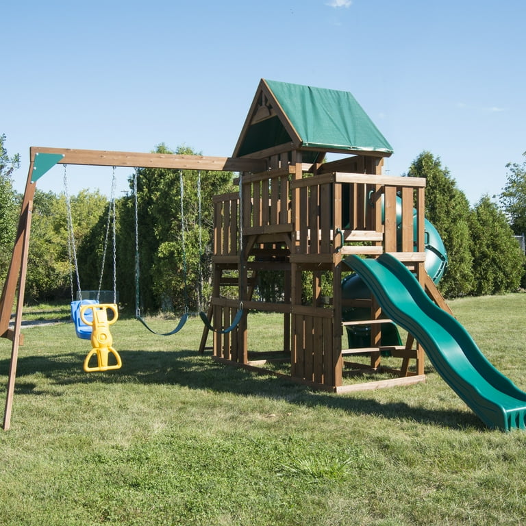 Swing-N-Slide Denali Tower Wooden Backyard Swing Set with Tube