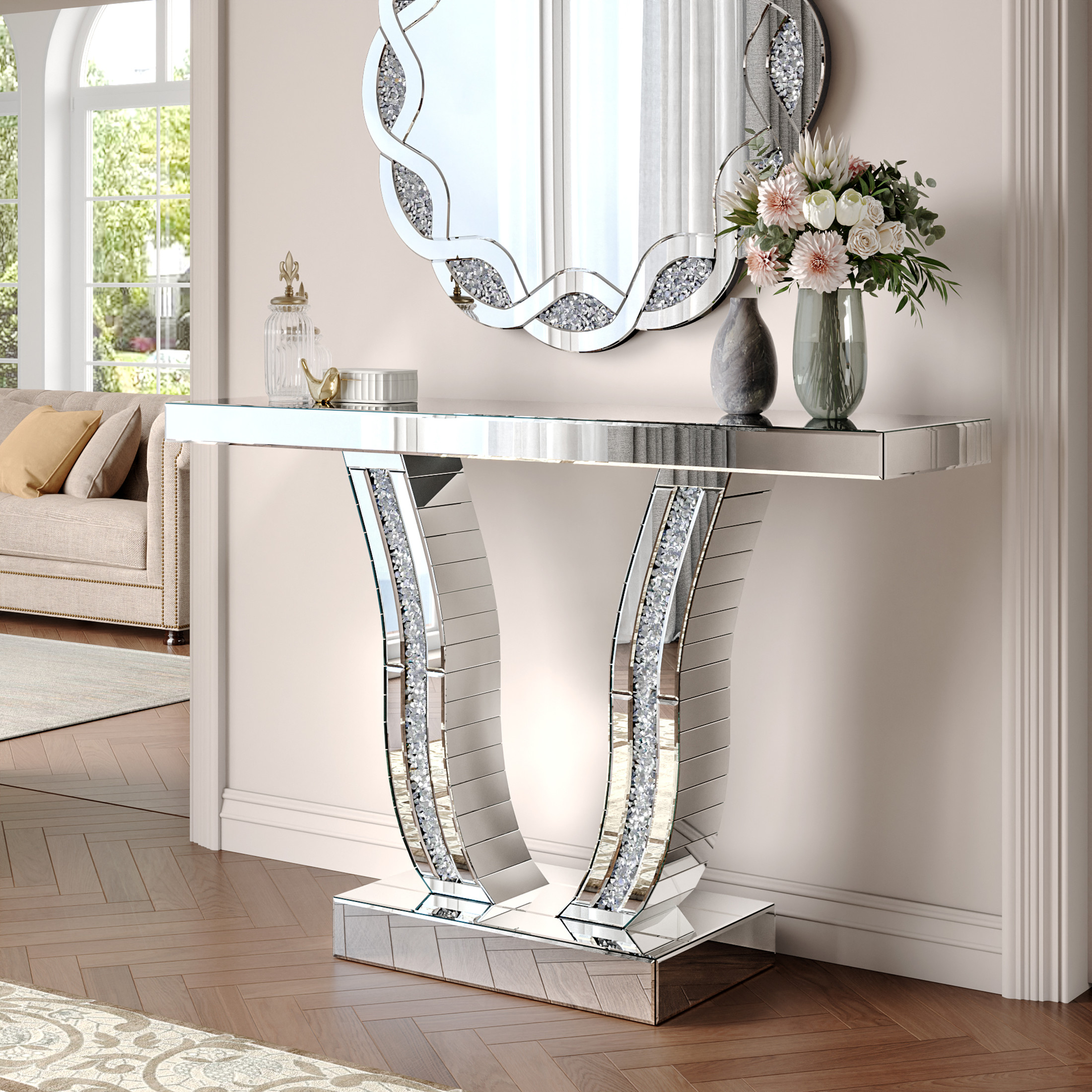 Noble House Mirrored Console Table, Modern Silver Entryway Sofa Table with Curved Stone-Inlaid Legs, Silver Glam Entryway Table,Silver