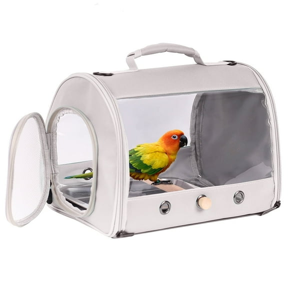 Small Bird Travel Carrier Cage for Parakeet Parrot, Includes Metal Tray Soft Mat and Wooden Standing Perch, Hands Free Lightweight Clear 2 Windows Rectangle Birdcage