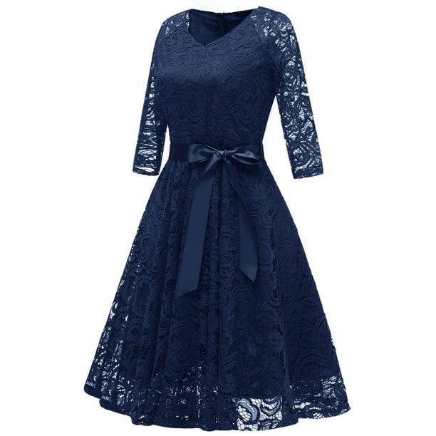 ICHUANYI Clearance Women Vintage Temperament V-neck Lace Sexy Long-Sleeved Lace Dress(Navy, S) Ichuanyi Ichuanyi