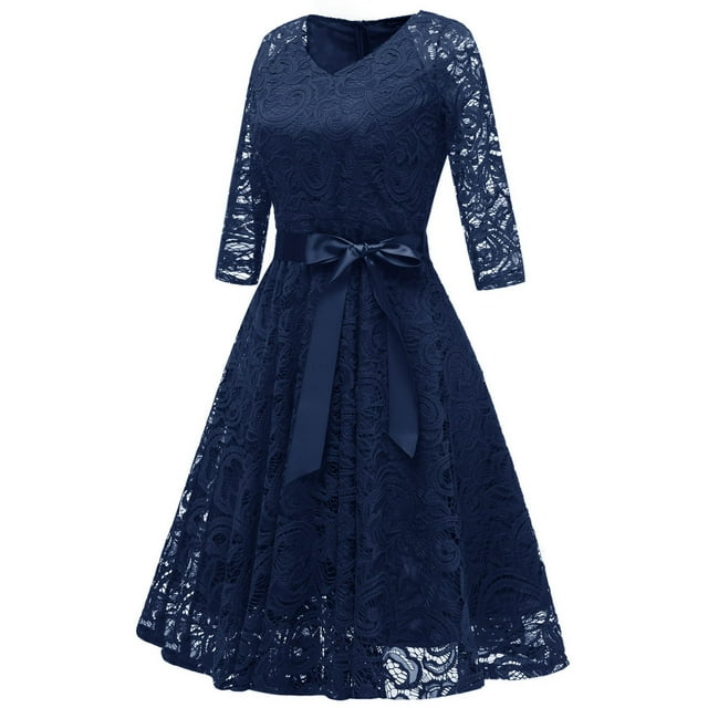 TIMIFIS Robe de Cocktail Élégante en Dentelle Florale à Manches Longues pour Femmes, Mode d'Automne, Col Rond, Longueur Genou, pour Fête, Robes pour Invitée de Mariage