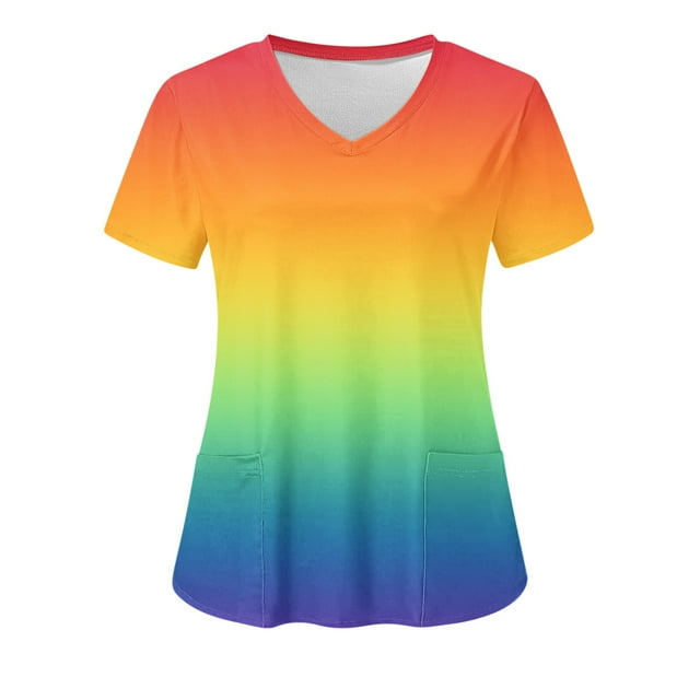 Hauts de Scrubs Dégradés à Col en V pour Femmes, Uniforme Médical Extensible Résistant aux Plis avec 2 Poches, Blouse Légère et Confortable à Manches Courtes Imprimée Jaune