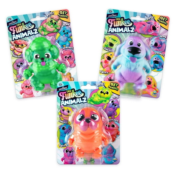 ORB Funkee Animalz MEGA Puppies 3 Pack (Set 2) -  Adorable, Funny, Stretchy, Squishy Puppies, Perfect to Squeeze for Stress Relief - Original Sensory / Fidget Collectible Toy Dogs for Kids and Adults